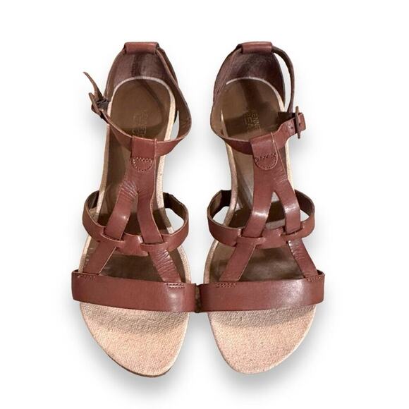 Kenneth Cole Reaction Cedar Brown Leather Strappy High Heel Wedges Sz 8.5 - Picture 2 of 13